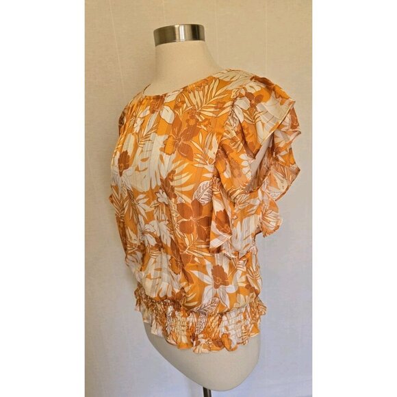 Pleione Womens‎ Orange Blouse Size Medium Fluter Sleeve Elastic Waist - Picture 2 of 7